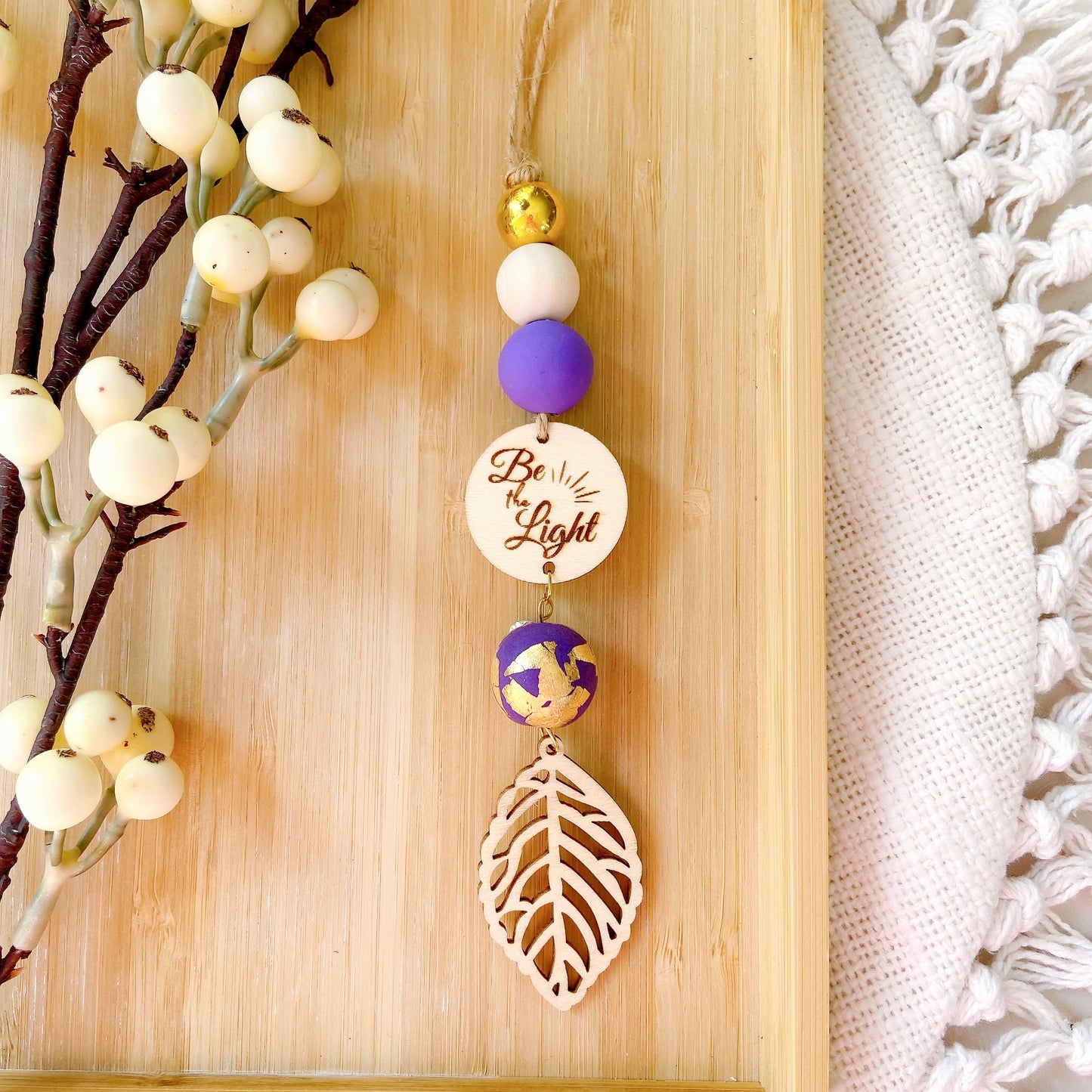 Wooden Leaf with Goldfoil Polymer Clay Beaded Essential Oil Car Hanging Charm