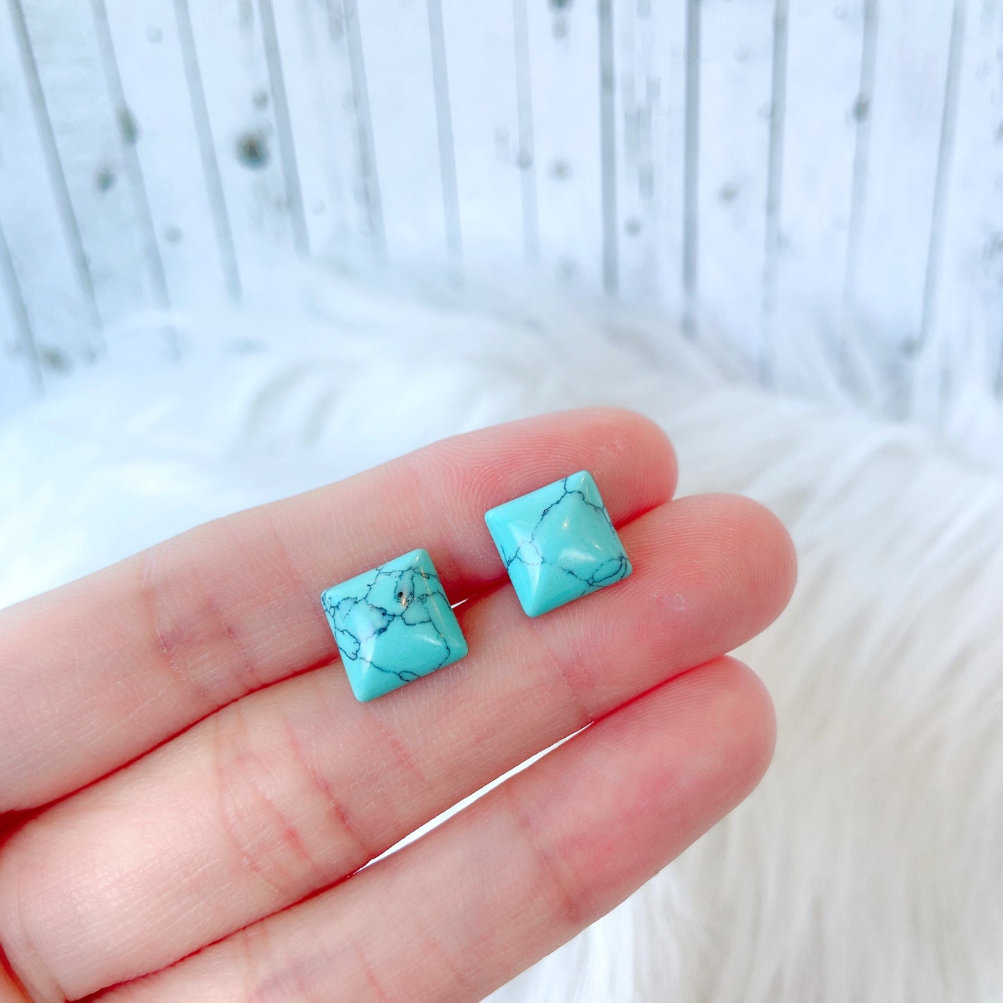 Blue Turquoise 10mm Square Natural Stone Earrings