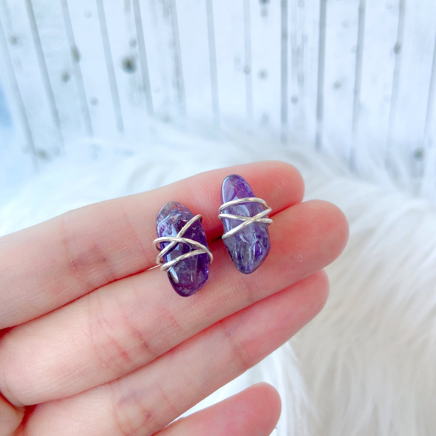 Wire Wrapped Raw Amethyst Gemstone Earrings
