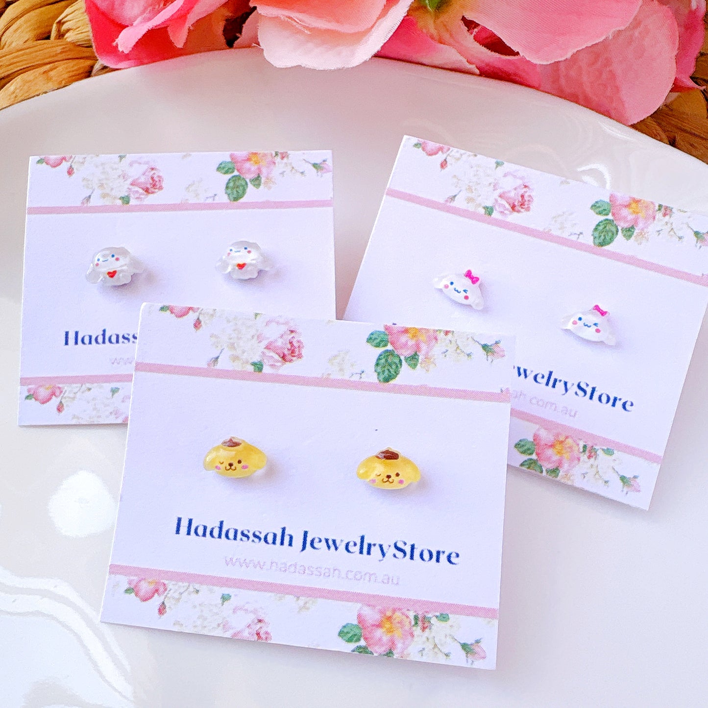 Tiny Pink Bow Cinnamoroll Dog Hypoallergenic Stud Earrings