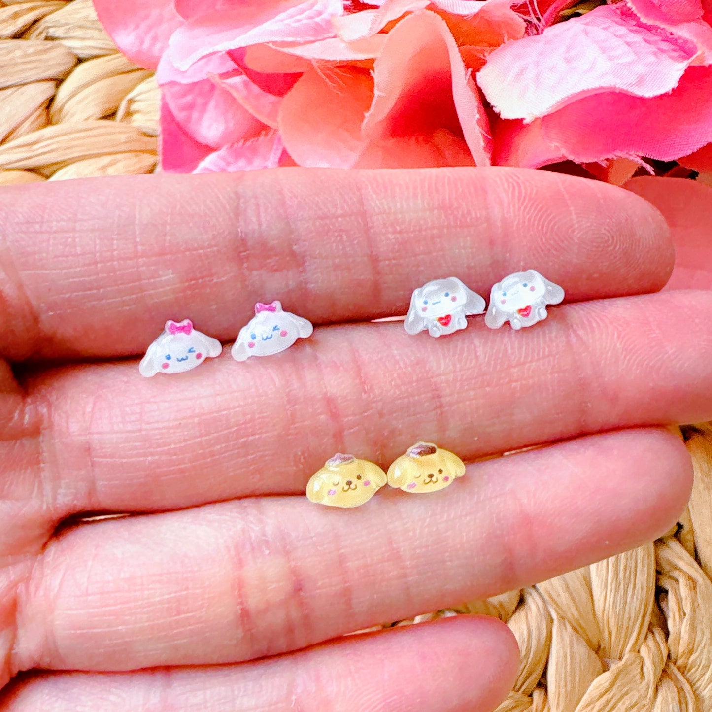 Tiny Pink Bow Cinnamoroll Dog Hypoallergenic Stud Earrings