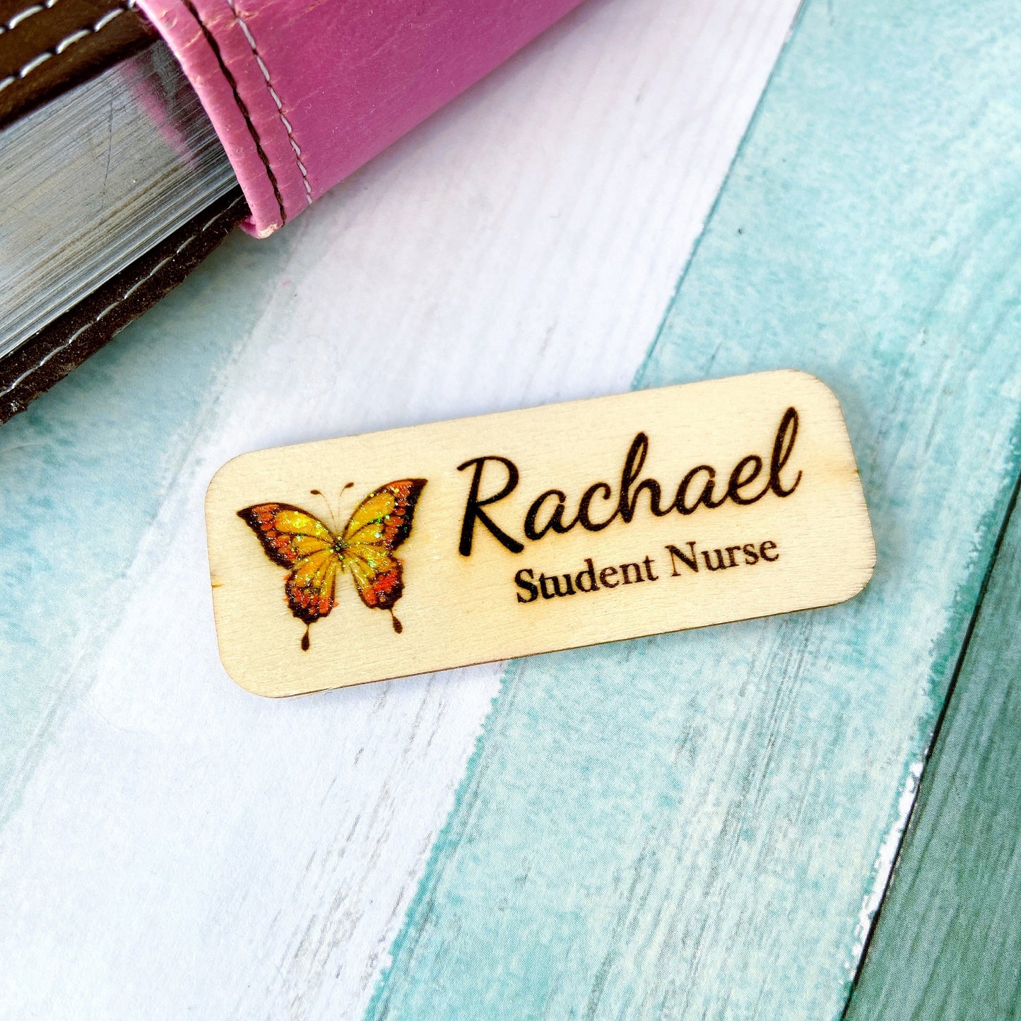 Personalized Butterfly Name Badge – Custom Wooden Name Tag for Nurses, Teachers & Staff