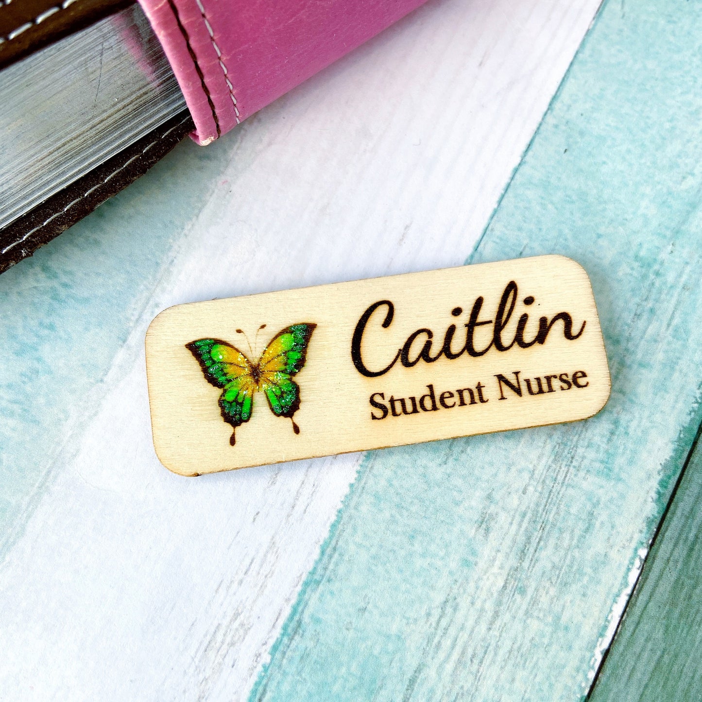 Personalized Butterfly Name Badge – Custom Wooden Name Tag for Nurses, Teachers & Staff