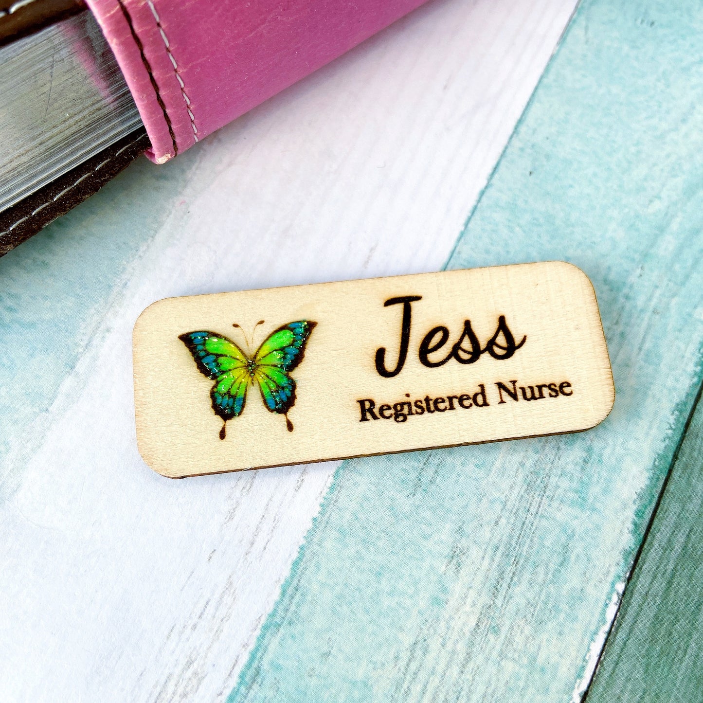 Personalized Butterfly Name Badge – Custom Wooden Name Tag for Nurses, Teachers & Staff