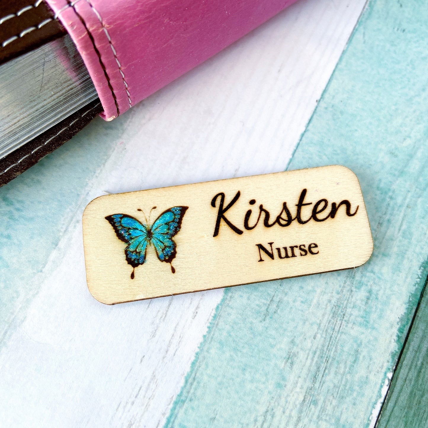 Personalized Butterfly Name Badge – Custom Wooden Name Tag for Nurses, Teachers & Staff