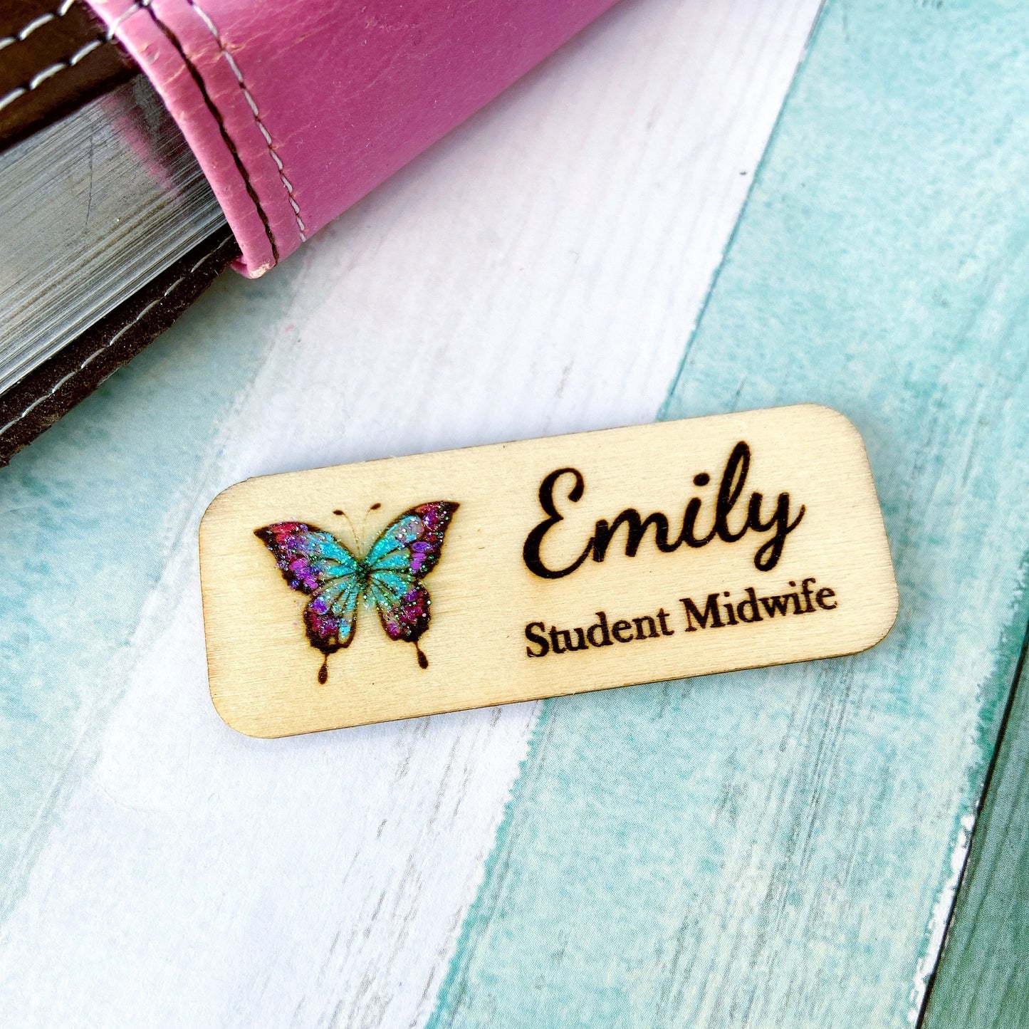 Personalized Butterfly Name Badge – Custom Wooden Name Tag for Nurses, Teachers & Staff