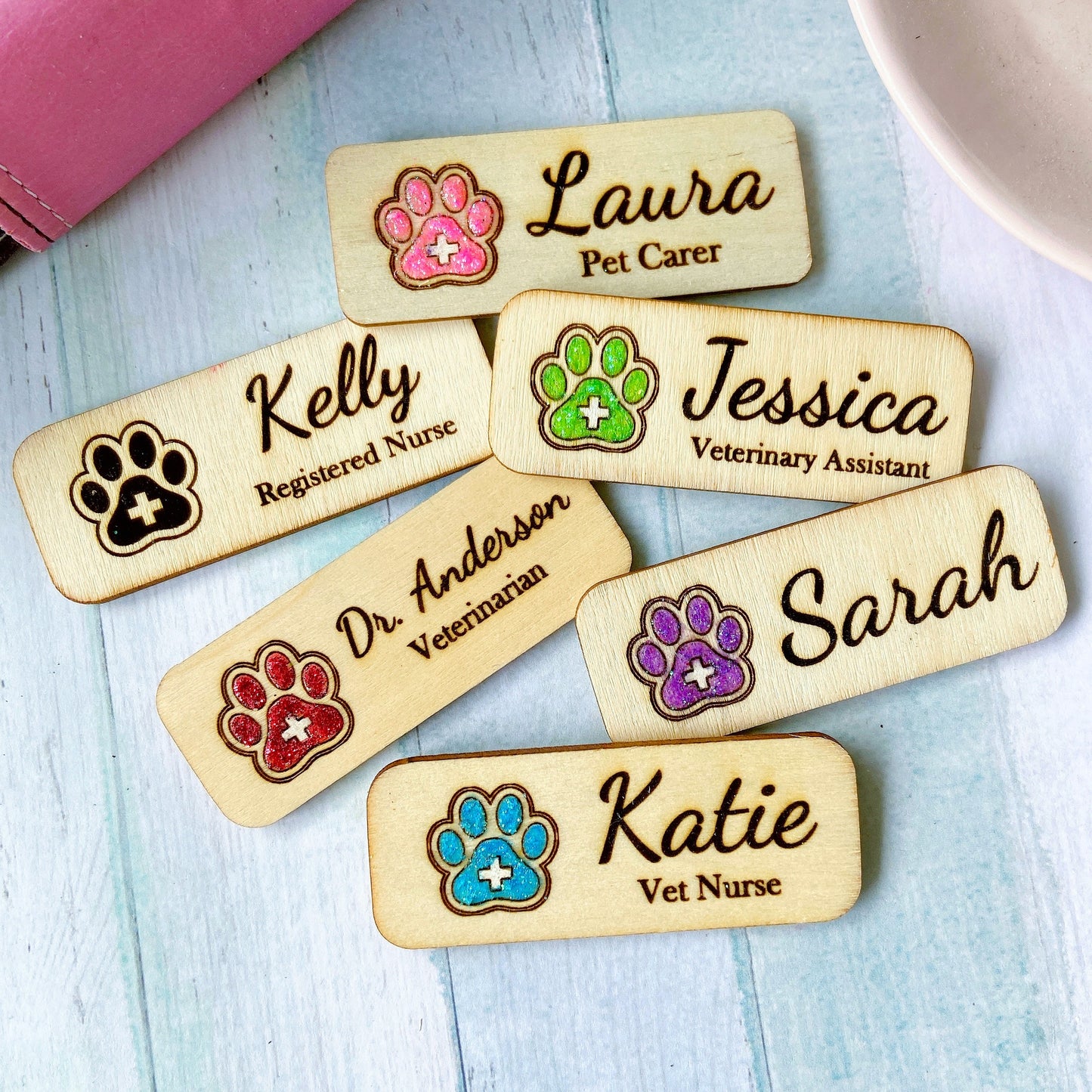 Paw Print Wooden Name Badge: Personalized Vet Doctor/Nurse Tag