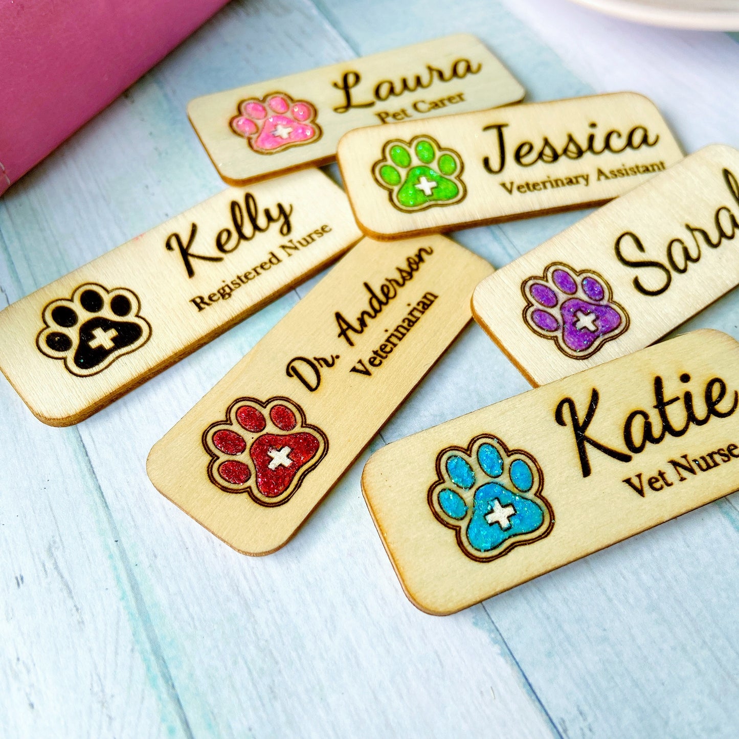Paw Print Wooden Name Badge: Personalized Vet Doctor/Nurse Tag