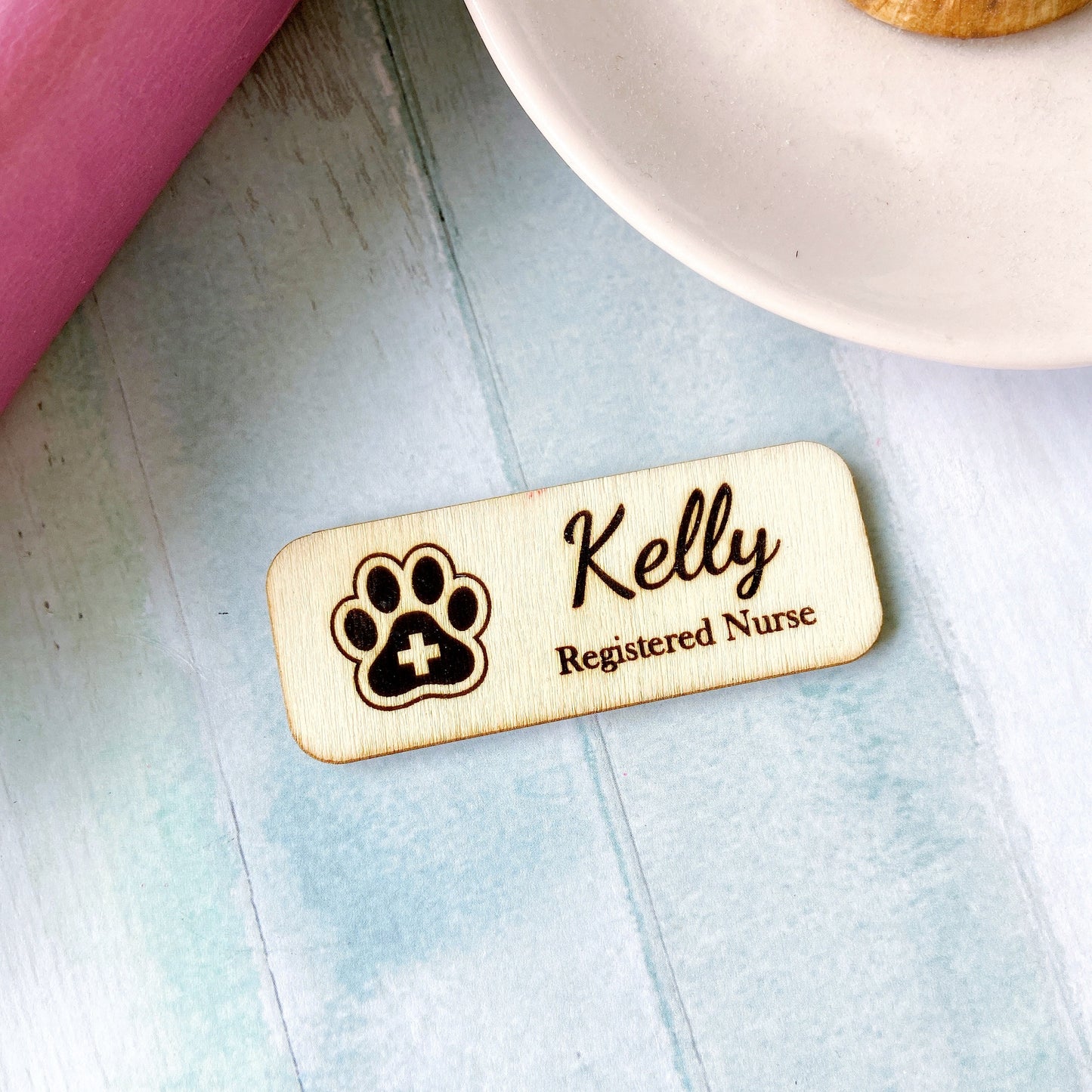 Paw Print Wooden Name Badge: Personalized Vet Doctor/Nurse Tag