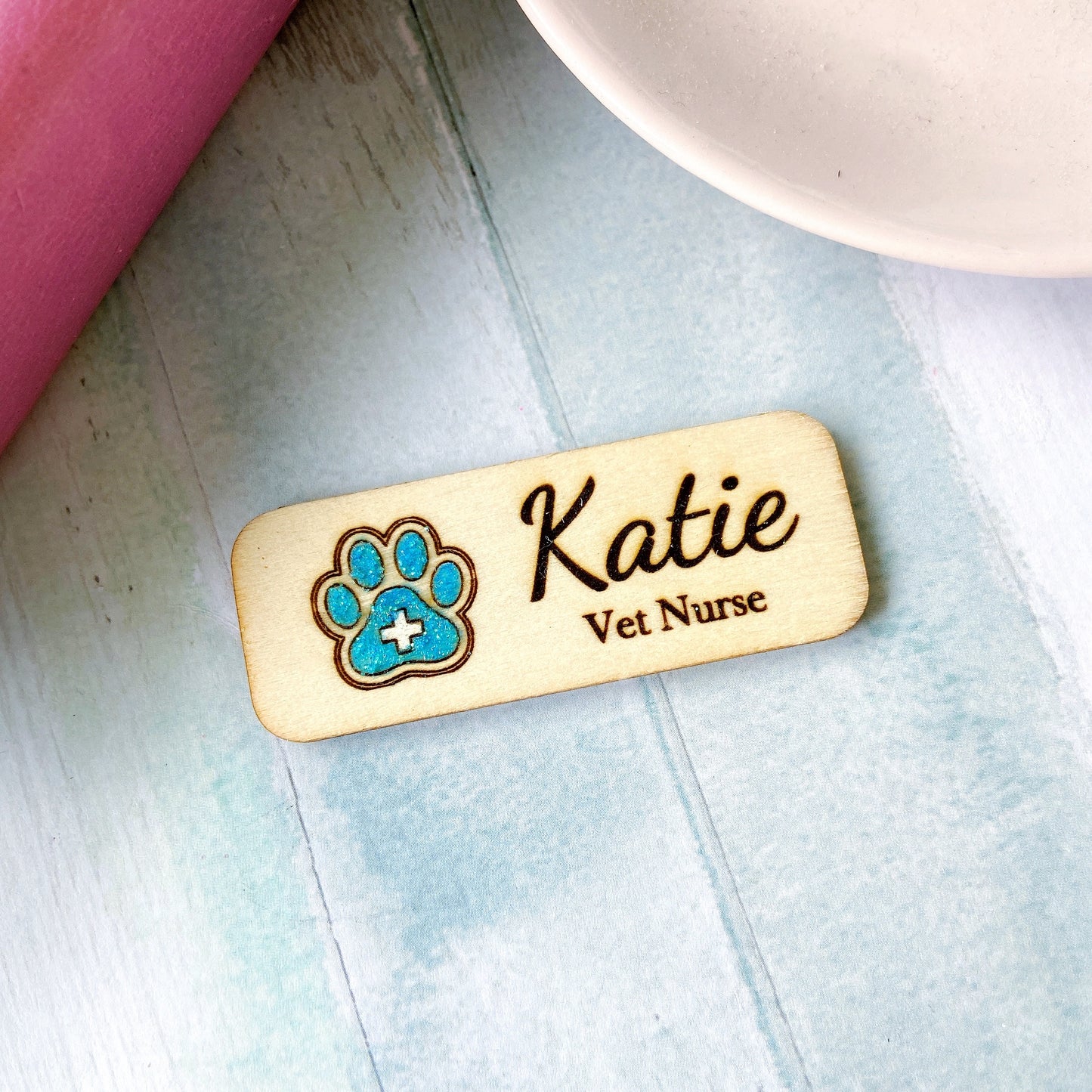 Paw Print Wooden Name Badge: Personalized Vet Doctor/Nurse Tag