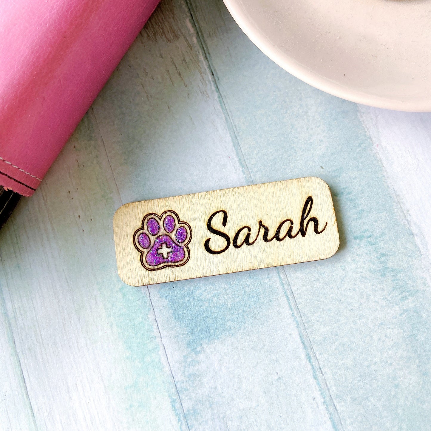 Paw Print Wooden Name Badge: Personalized Vet Doctor/Nurse Tag