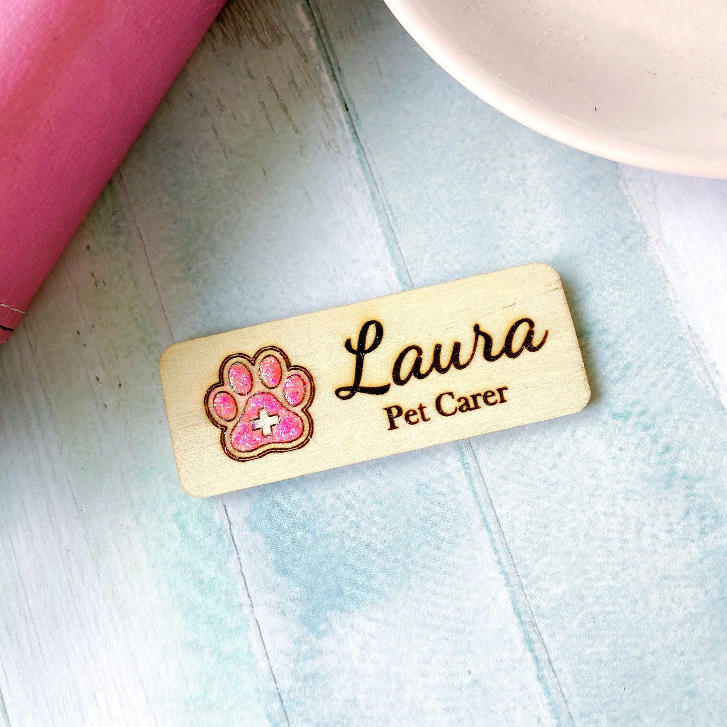 Paw Print Wooden Name Badge: Personalized Vet Doctor/Nurse Tag