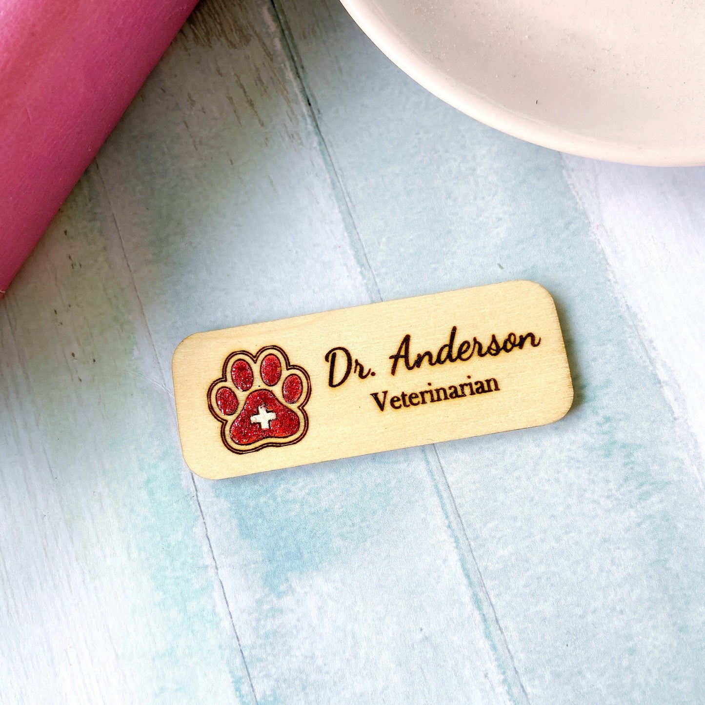 Paw Print Wooden Name Badge: Personalized Vet Doctor/Nurse Tag