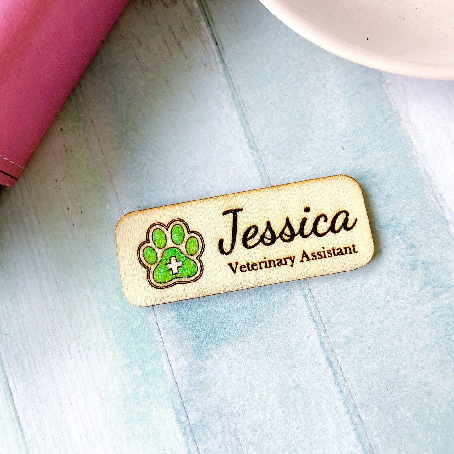 Paw Print Wooden Name Badge: Personalized Vet Doctor/Nurse Tag