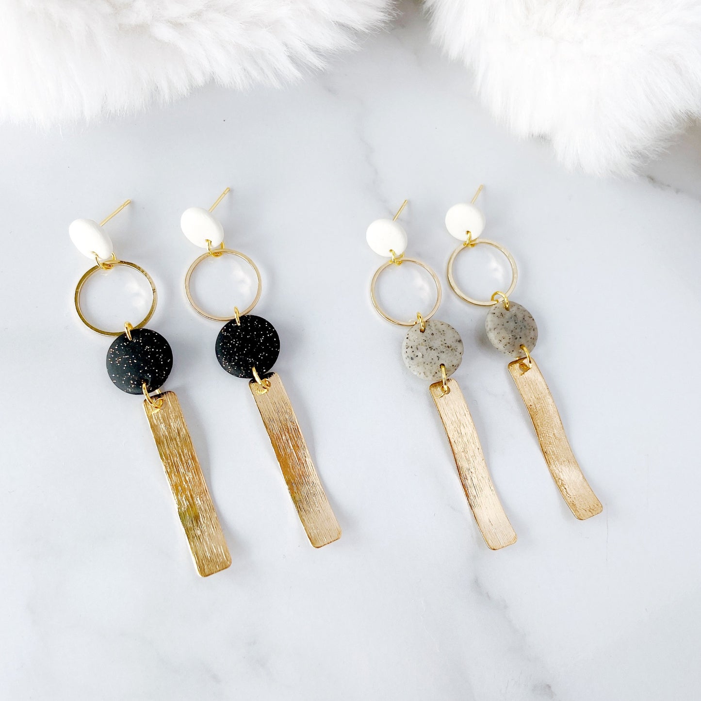 Golden Wave Glitter Black Polymer Clay Surgical Steel Dangle Earrings