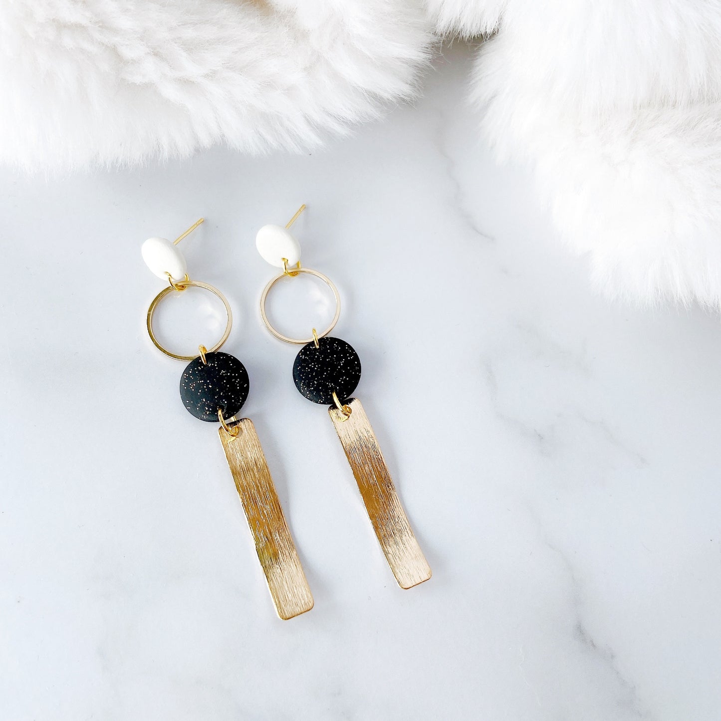 Golden Wave Glitter Black Polymer Clay Surgical Steel Dangle Earrings