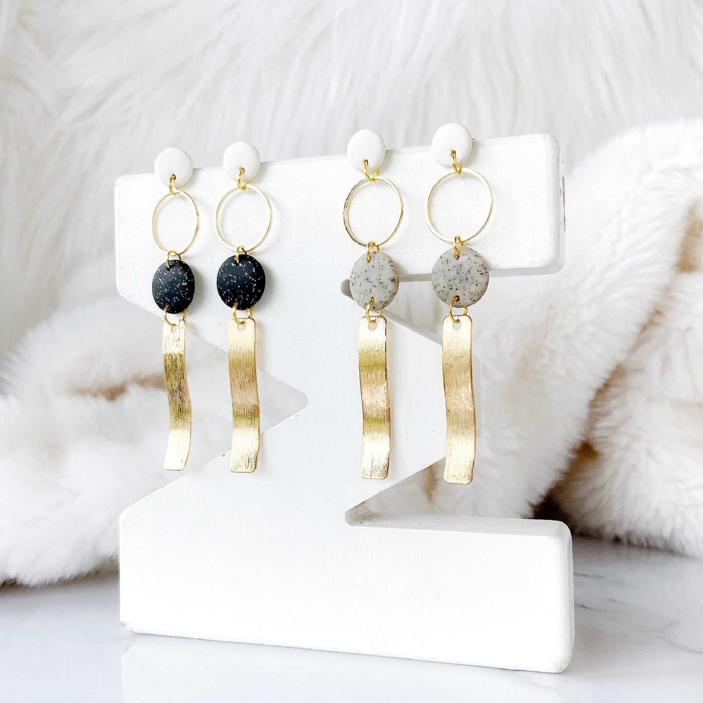 Golden Wave Glitter Black Polymer Clay Surgical Steel Dangle Earrings