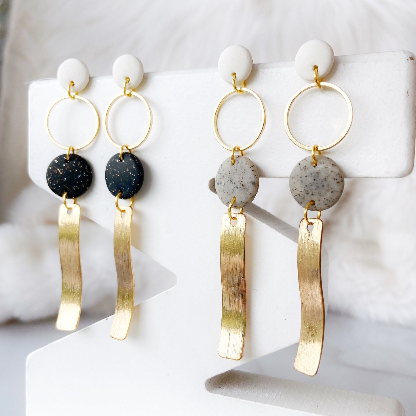 Golden Wave Glitter Black Polymer Clay Surgical Steel Dangle Earrings