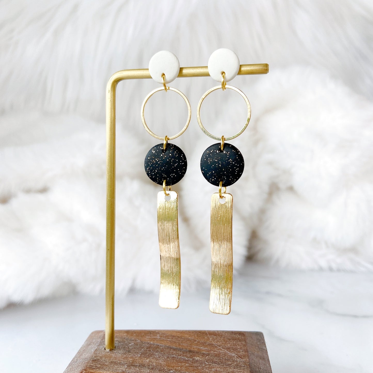 Golden Wave Glitter Black Polymer Clay Surgical Steel Dangle Earrings