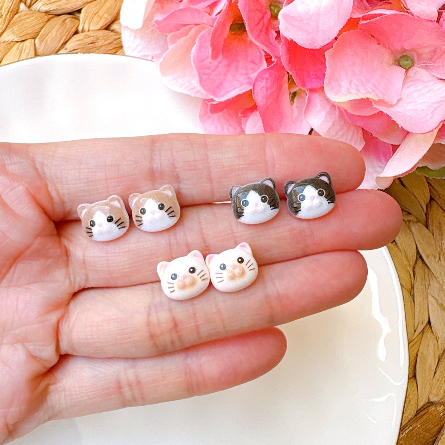 Adorable Black and White Chubby Cat Hypoallergenic Earrings