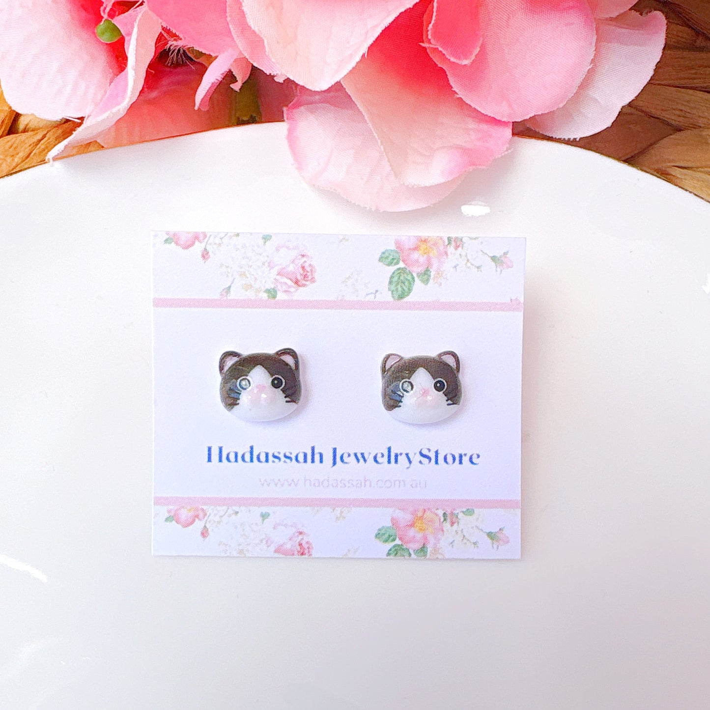 Adorable Black and White Chubby Cat Hypoallergenic Earrings