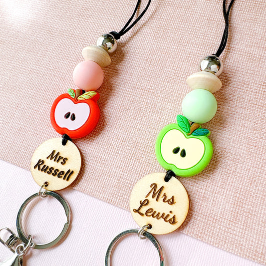 Red and Green Apple Personalized Name Teacher ID Key Lanyard