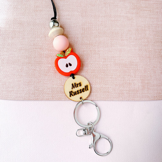 Red or Green Apple Personalized Name Teacher ID Key Lanyard
