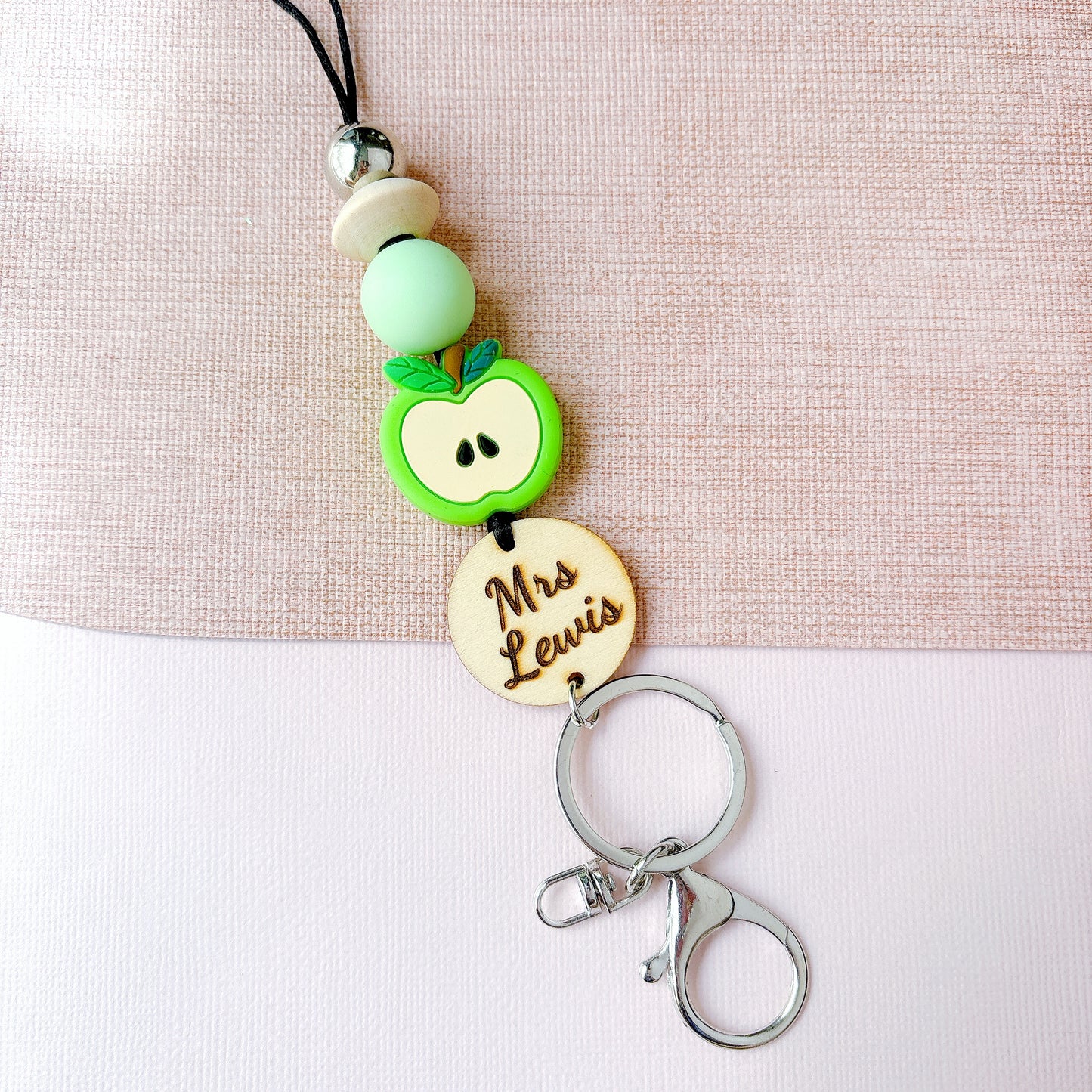Red and Green Apple Personalized Name Teacher ID Key Lanyard