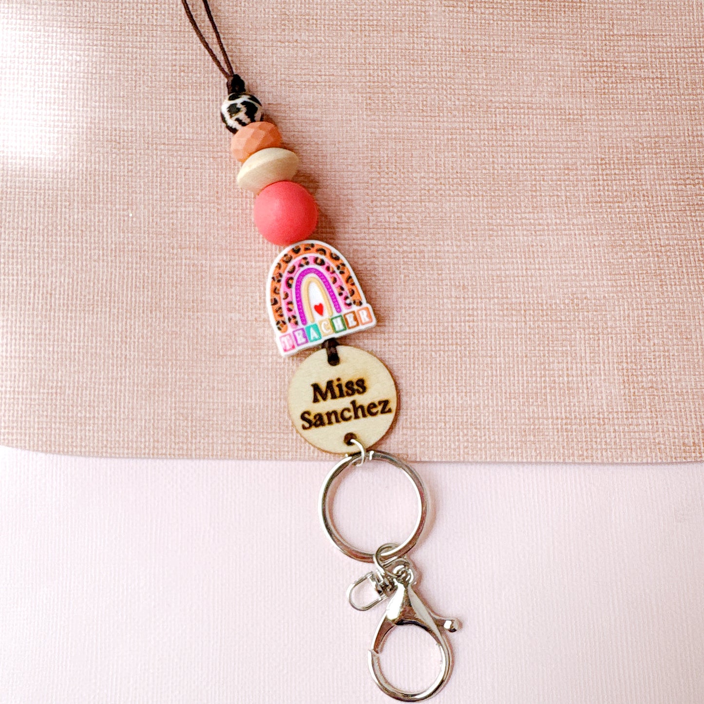 Personalized Teacher Lanyard with Rainbow Charm & Wood Name Tag