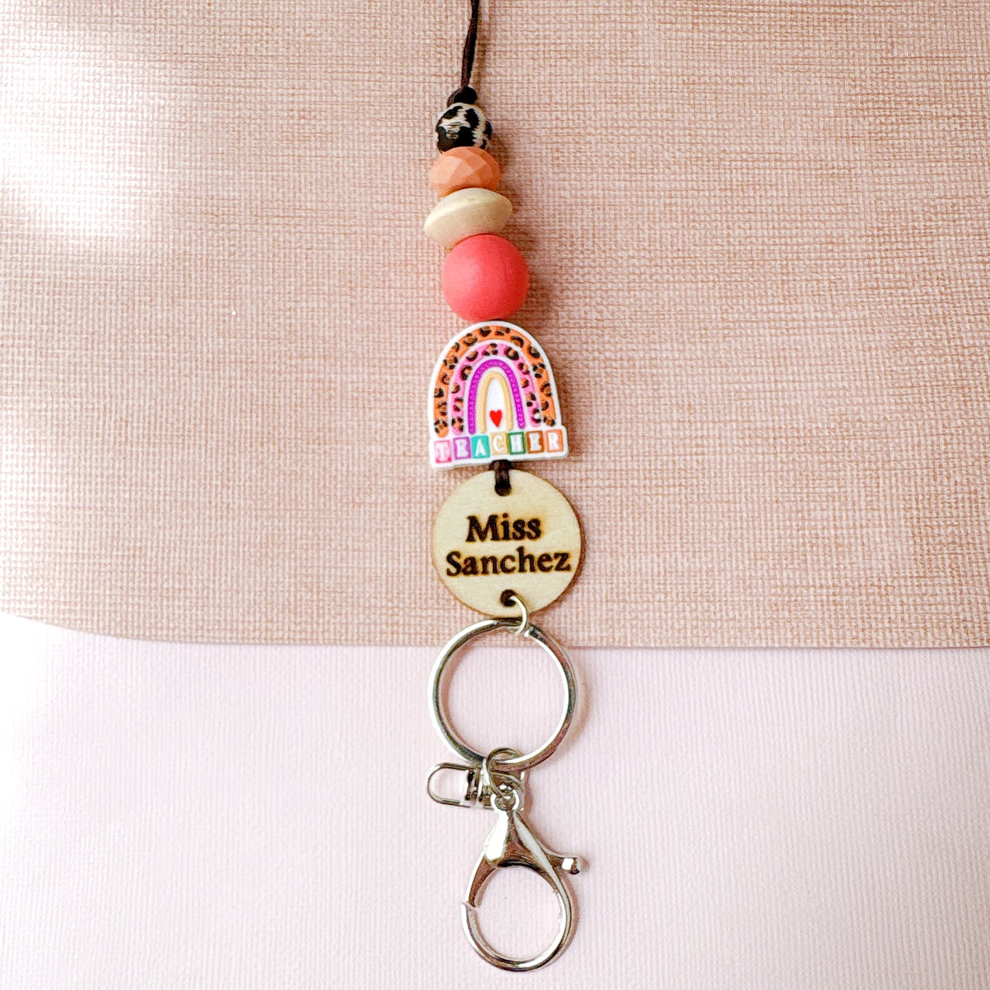 Personalized Teacher Lanyard with Rainbow Charm & Wood Name Tag