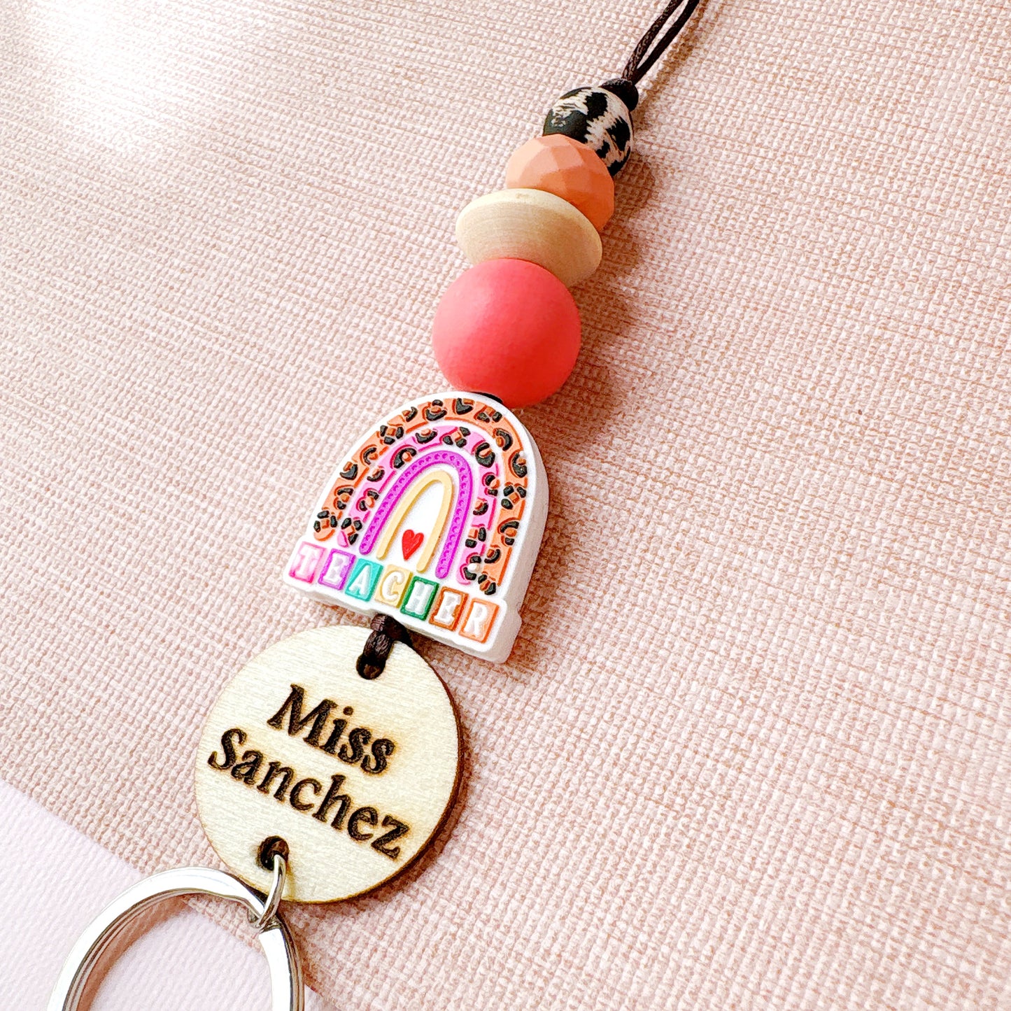 Personalized Teacher Lanyard with Rainbow Charm & Wood Name Tag