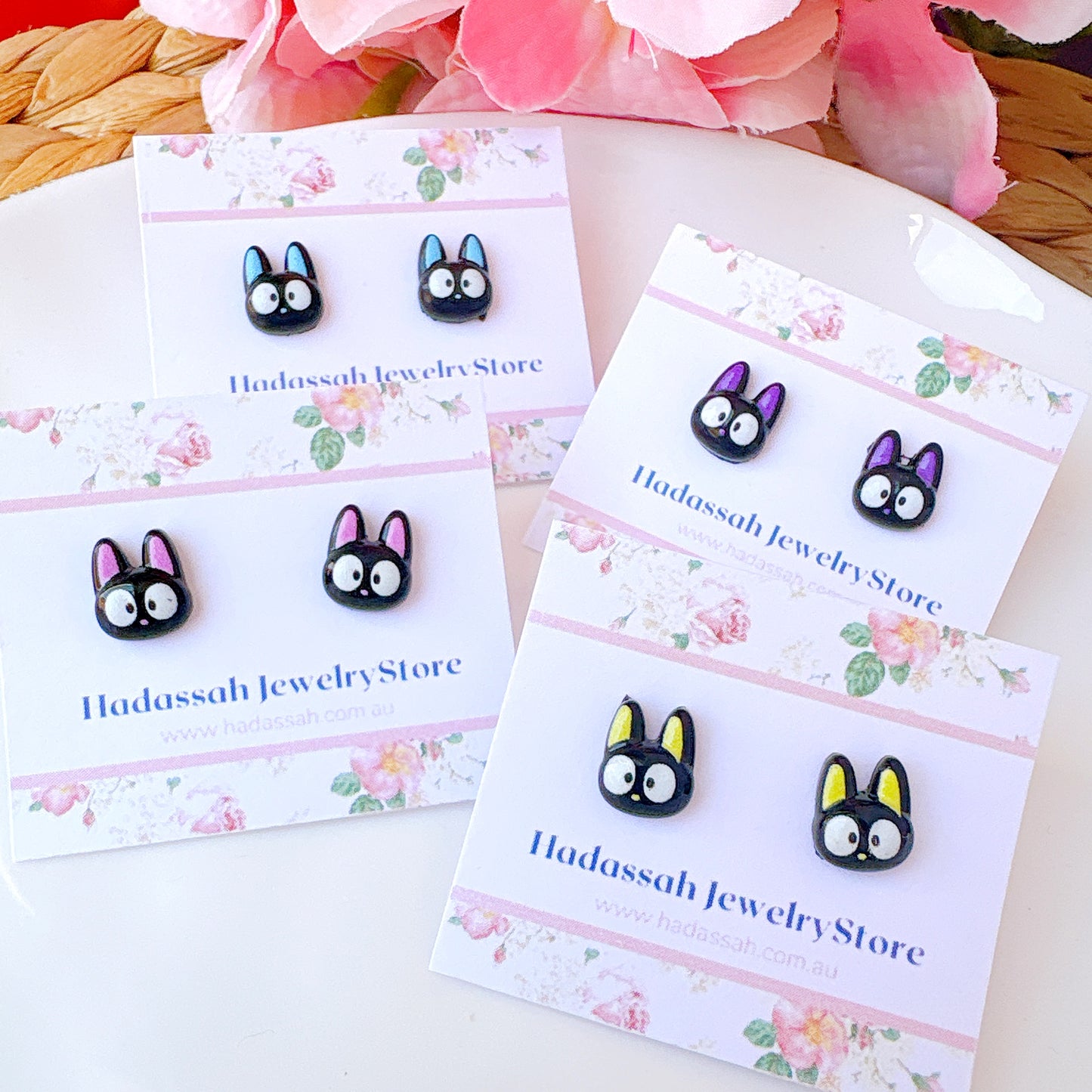 Yellow Ear Black Cat Inspired Hypoallergenic Stud Earrings