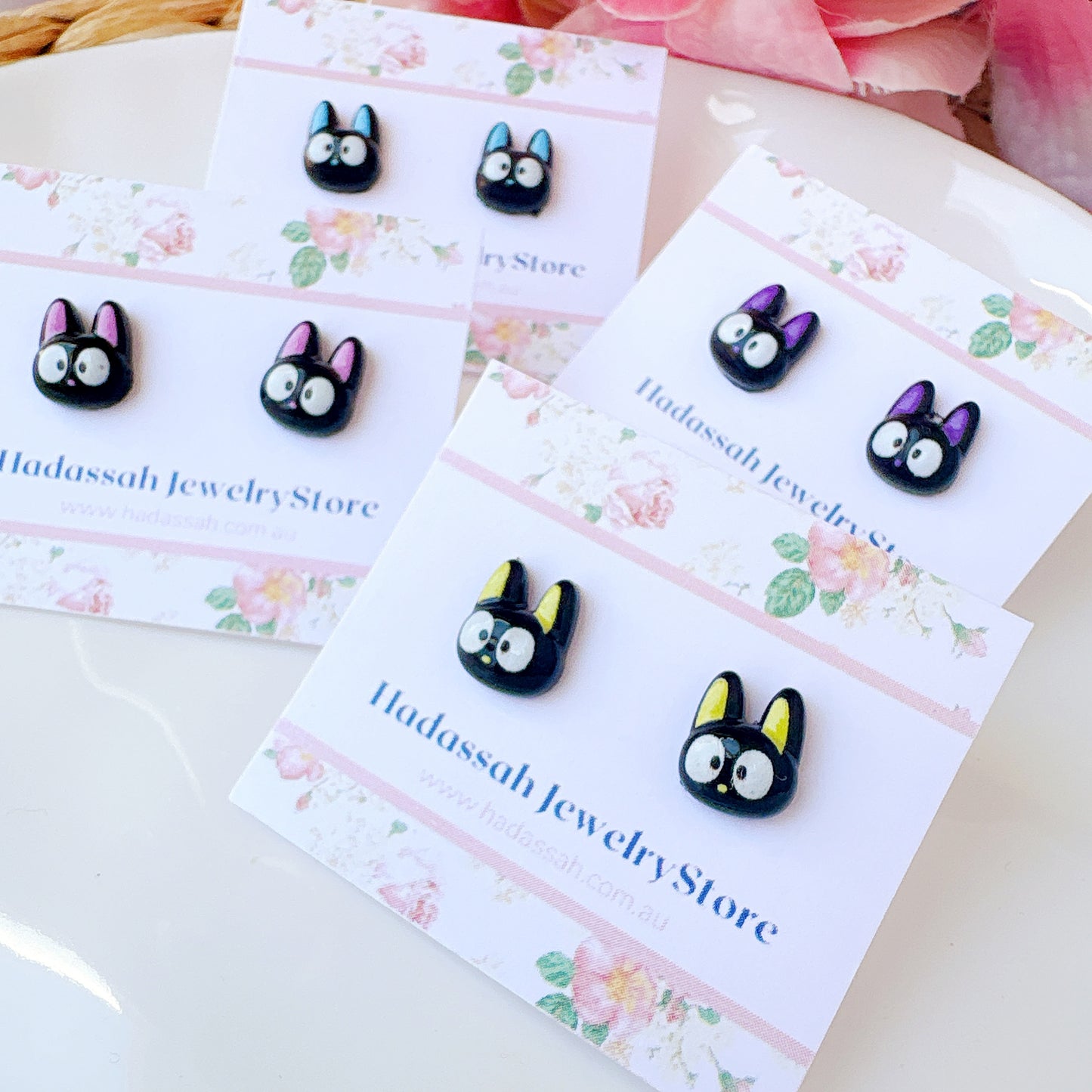 Yellow Ear Black Cat Inspired Hypoallergenic Stud Earrings