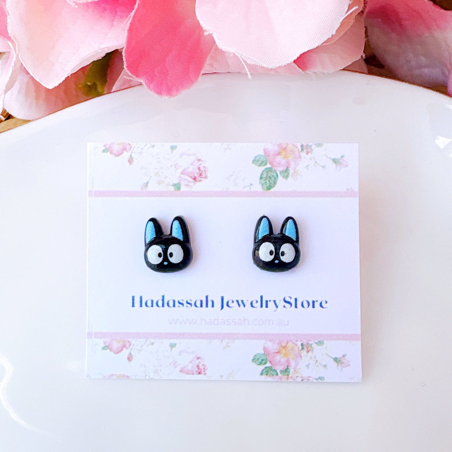 Blue Ear Black Cat Inspired Hypoallergenic Stud Earrings