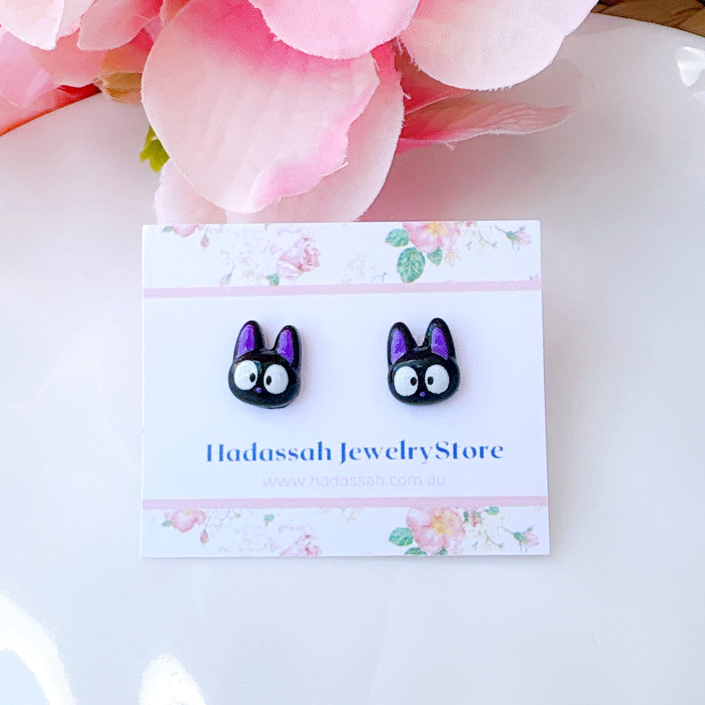 Purple Ear Black Cat Inspired Hypoallergenic Stud Earrings