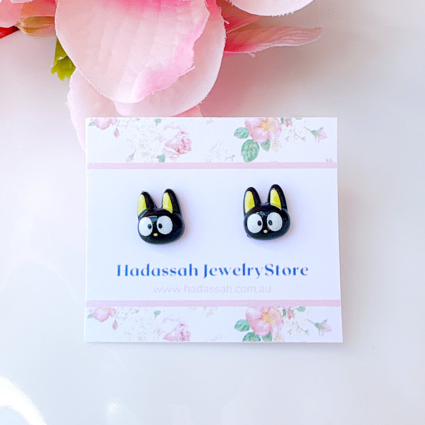 Yellow Ear Black Cat Inspired Hypoallergenic Stud Earrings