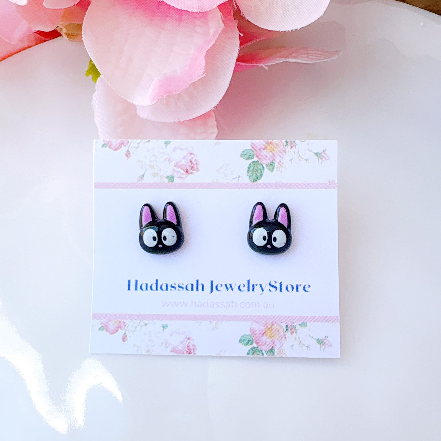 Pink Ear Black Cat Inspired Hypoallergenic Stud Earrings