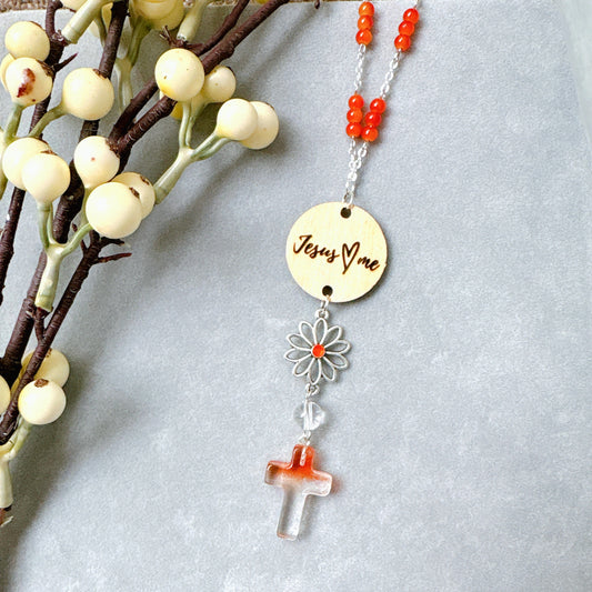 Orange Beaded Glass Crystal Cross with Bible Message Car Hanging Charm