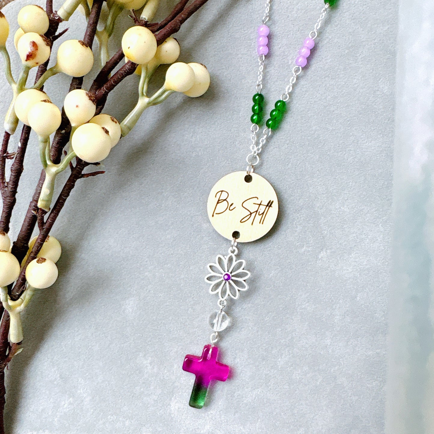 Violet Green Beaded Glass Crystal Cross with Bible Message Car Hanging Charm