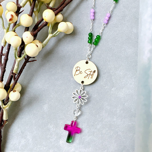 Violet Green Beaded Glass Crystal Cross with Bible Message Car Hanging Charm