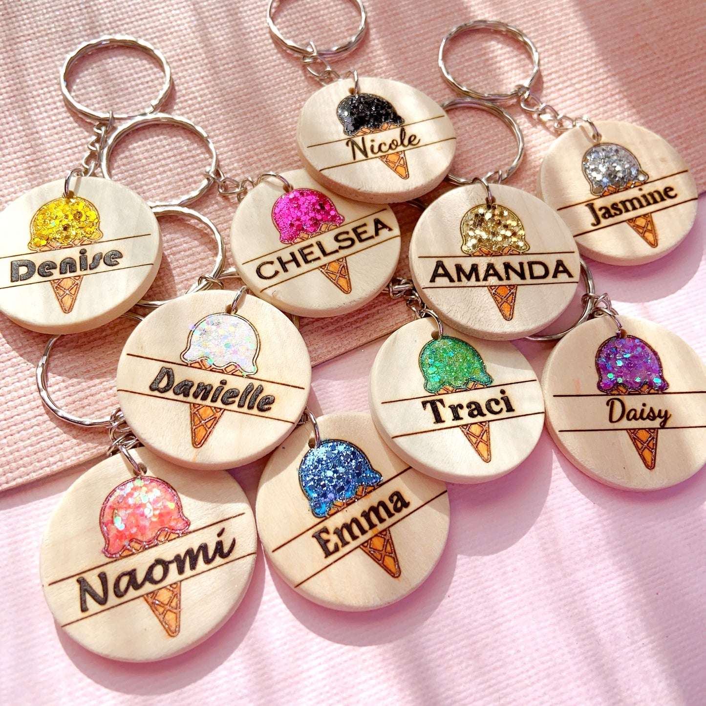 Personalized Ice Cream Keychain with Glitter Scoop & Custom Name Engraving