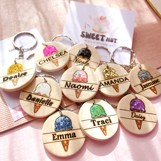 Personalized Ice Cream Keychain with Glitter Scoop & Custom Name Engraving