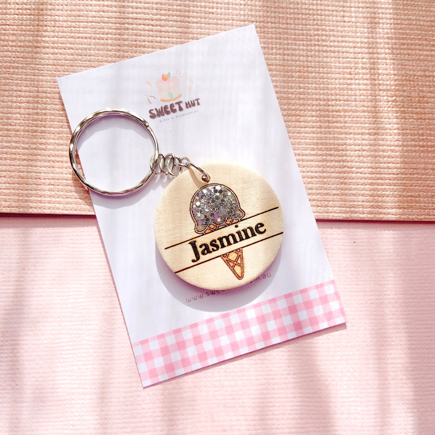 Personalized Ice Cream Keychain with Glitter Scoop & Custom Name Engraving