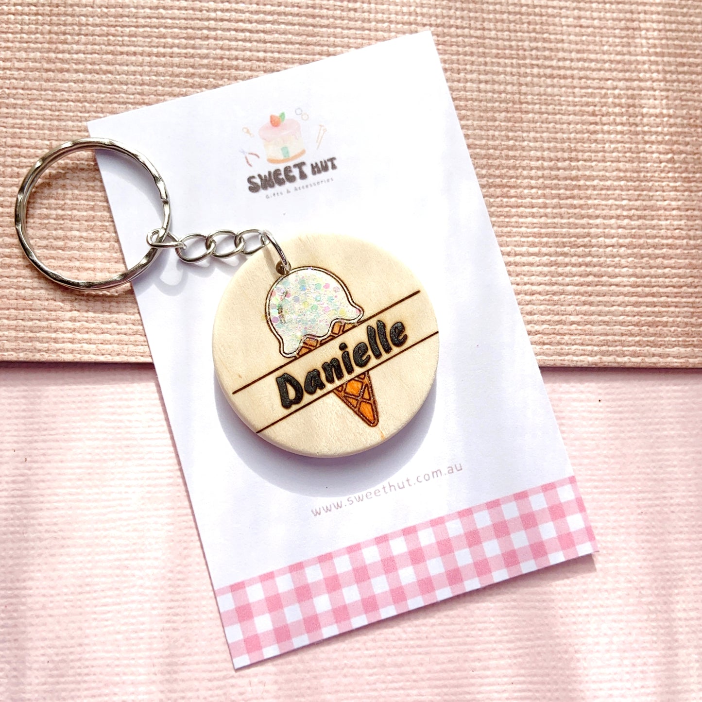 Personalized Ice Cream Keychain with Glitter Scoop & Custom Name Engraving