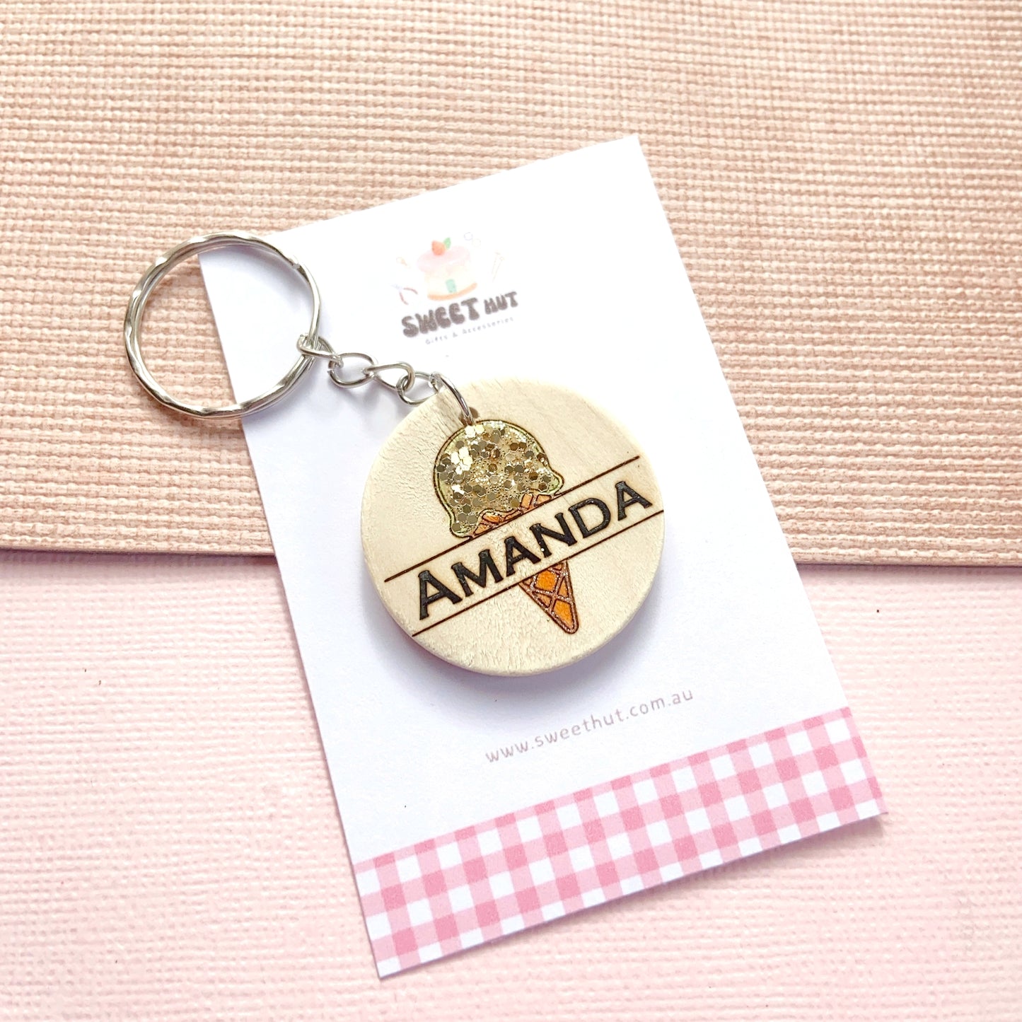 Personalized Ice Cream Keychain with Glitter Scoop & Custom Name Engraving