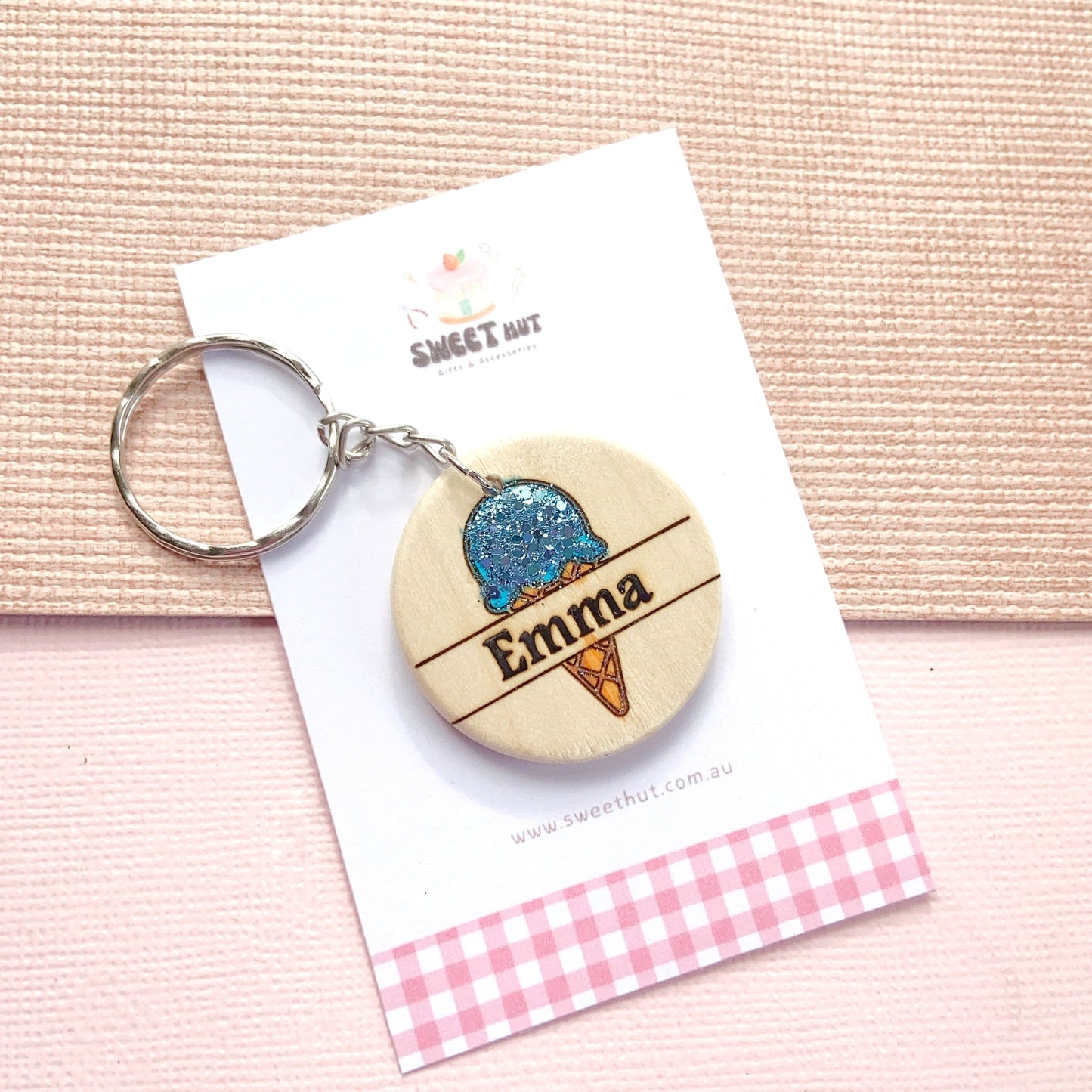 Personalized Ice Cream Keychain with Glitter Scoop & Custom Name Engraving