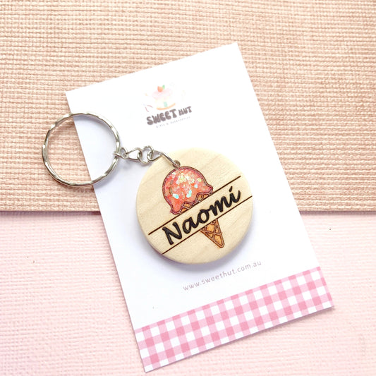 Personalized Ice Cream Keychain with Glitter Scoop & Custom Name Engraving