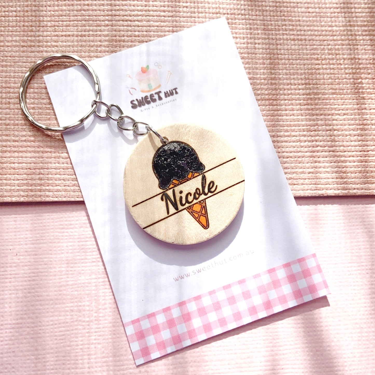 Personalized Ice Cream Keychain with Glitter Scoop & Custom Name Engraving