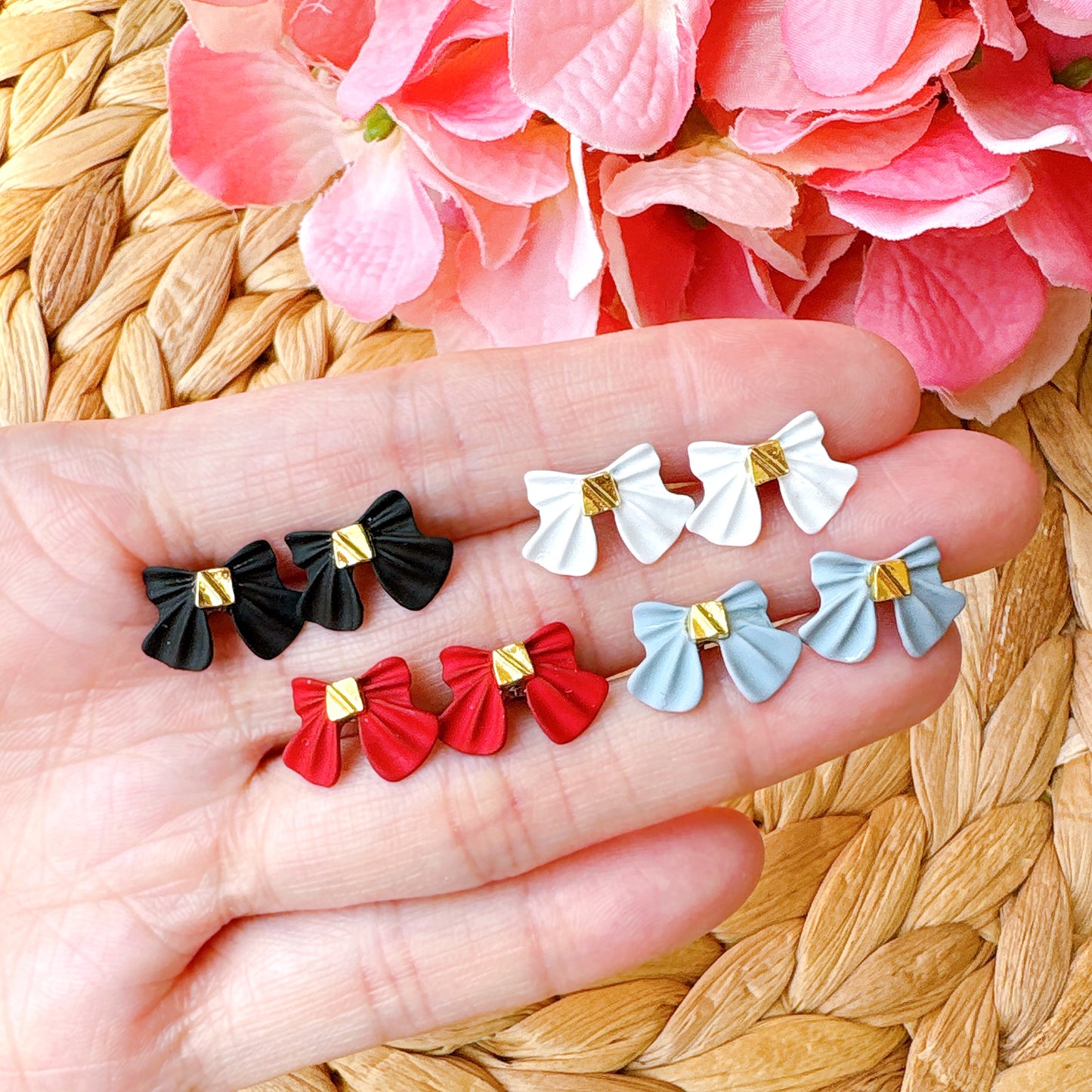 Grey Ribbon Bow Painted Metal Hypoallergenic Stud Earrings