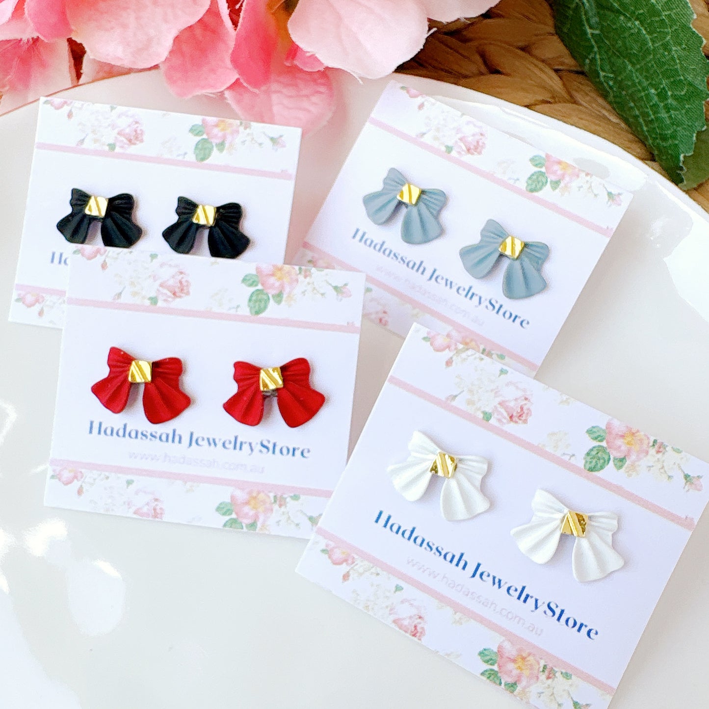 Grey Ribbon Bow Painted Metal Hypoallergenic Stud Earrings